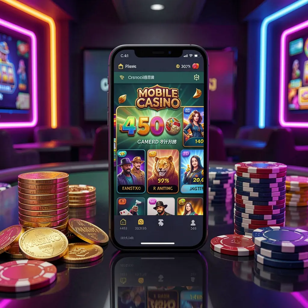 Painel do cassino móvel BRA505 em smartphone exibindo uma interface de jogos colorida com moedas douradas e fichas de pôquer sobre uma mesa brilhante sob iluminação neon elegante
