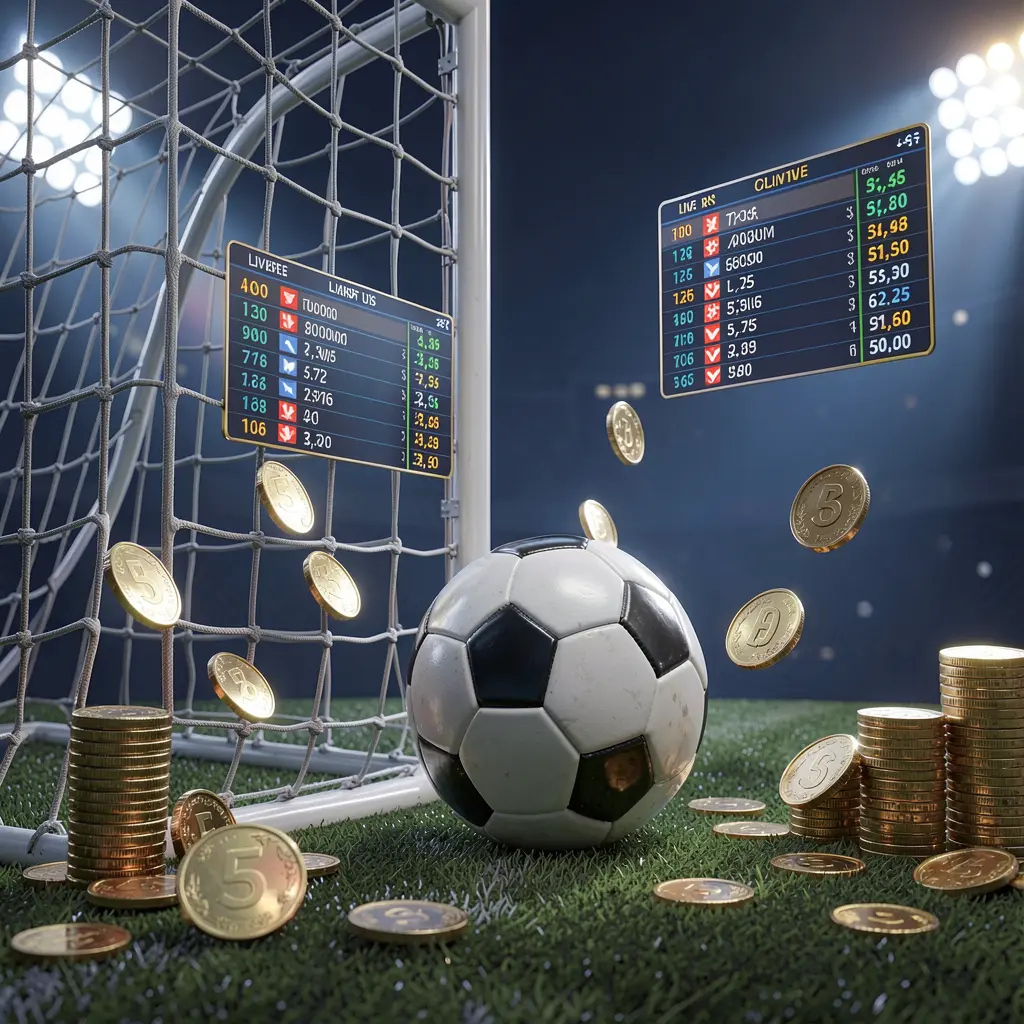 Renderização 3D realista de uma rede de gol de futebol com uma bola de futebol, luzes de estádio, moedas e painéis flutuantes de placar ao vivo sobre um fundo premium azul-escuro, representando apostas esportivas da BRA505 no Brasil
