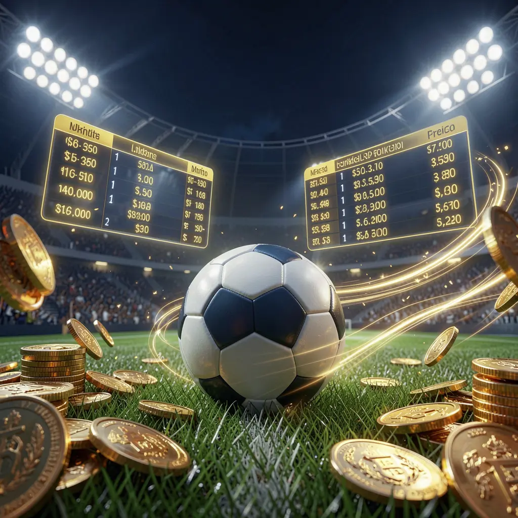 Banner principal da página de apostas esportivas BRA505 com um estádio de futebol à noite, holofotes brilhantes, uma bola de futebol na grama verde, painéis de odds luminosos, moedas douradas e rastros de luz dinâmicos em uma atmosfera premium azul-escura e dourada