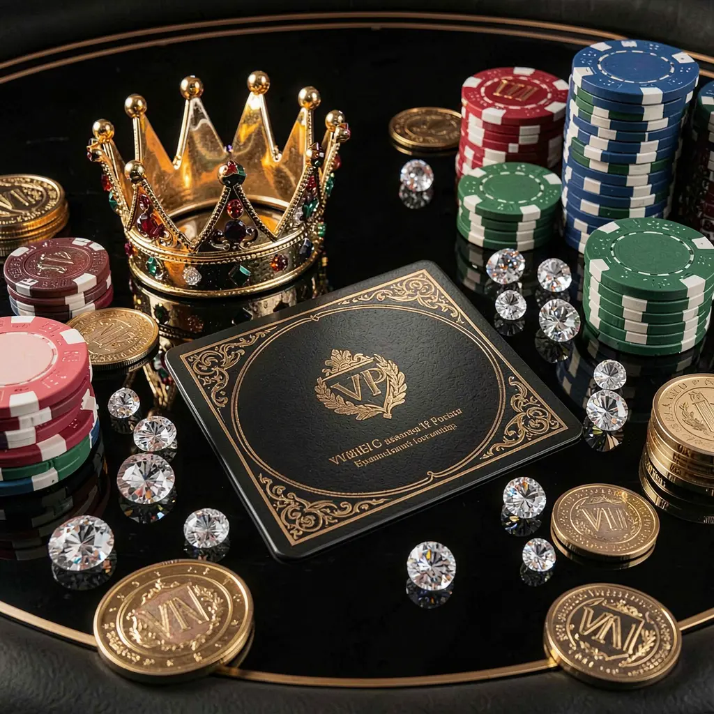 Conceito de bônus VIP de cassino BRA505 com uma coroa dourada, cartão de associação de luxo, fichas de pôquer, diamantes e moedas organizados sobre uma mesa preta brilhante em um estilo elegante e premium