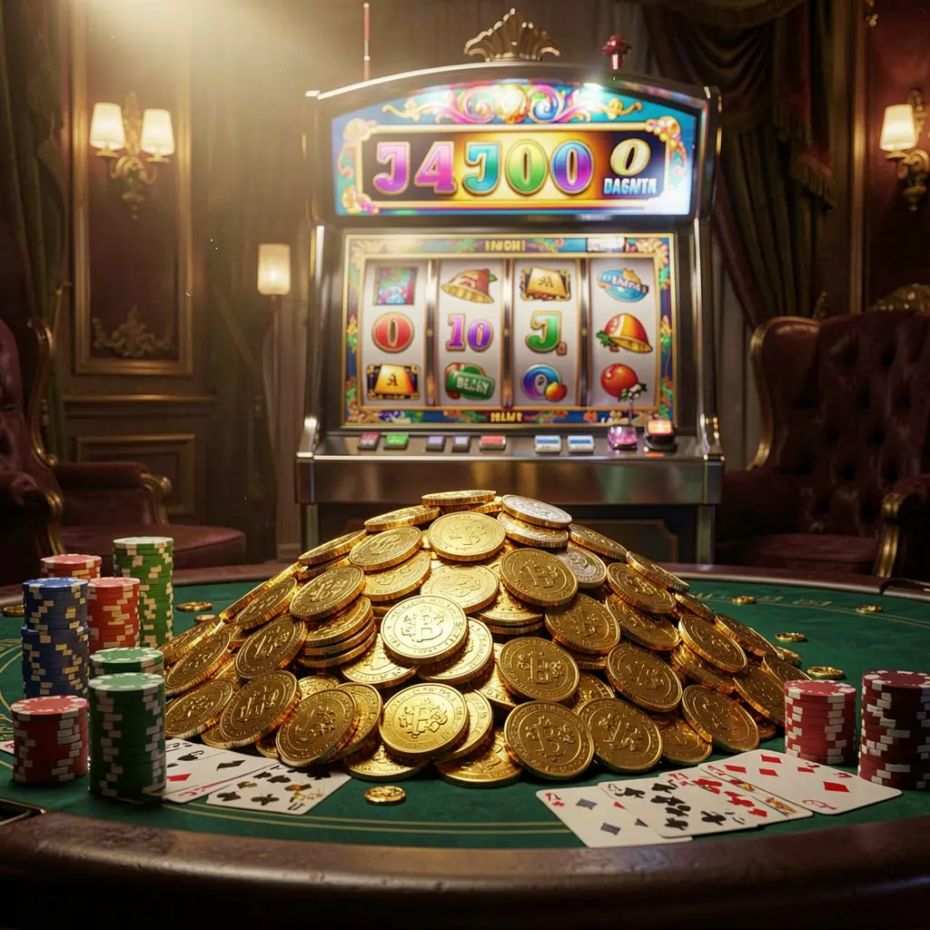 Cena de bônus de jackpot do cassino online BRA505 com uma enorme pilha de moedas douradas, máquina caça-níqueis ao fundo, luzes brilhantes de jackpot, fichas de pôquer e cartas de baralho sobre uma mesa luxuosa sob iluminação cinematográfica dramática