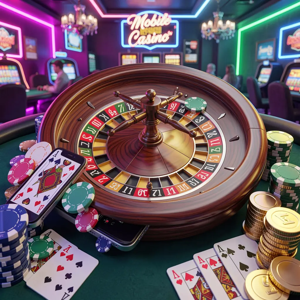 Experiência de cassino móvel BRA505 mostrando um smartphone cercado por uma roda de roleta, fichas, cartas e moedas em uma atmosfera de cassino neon brilhante