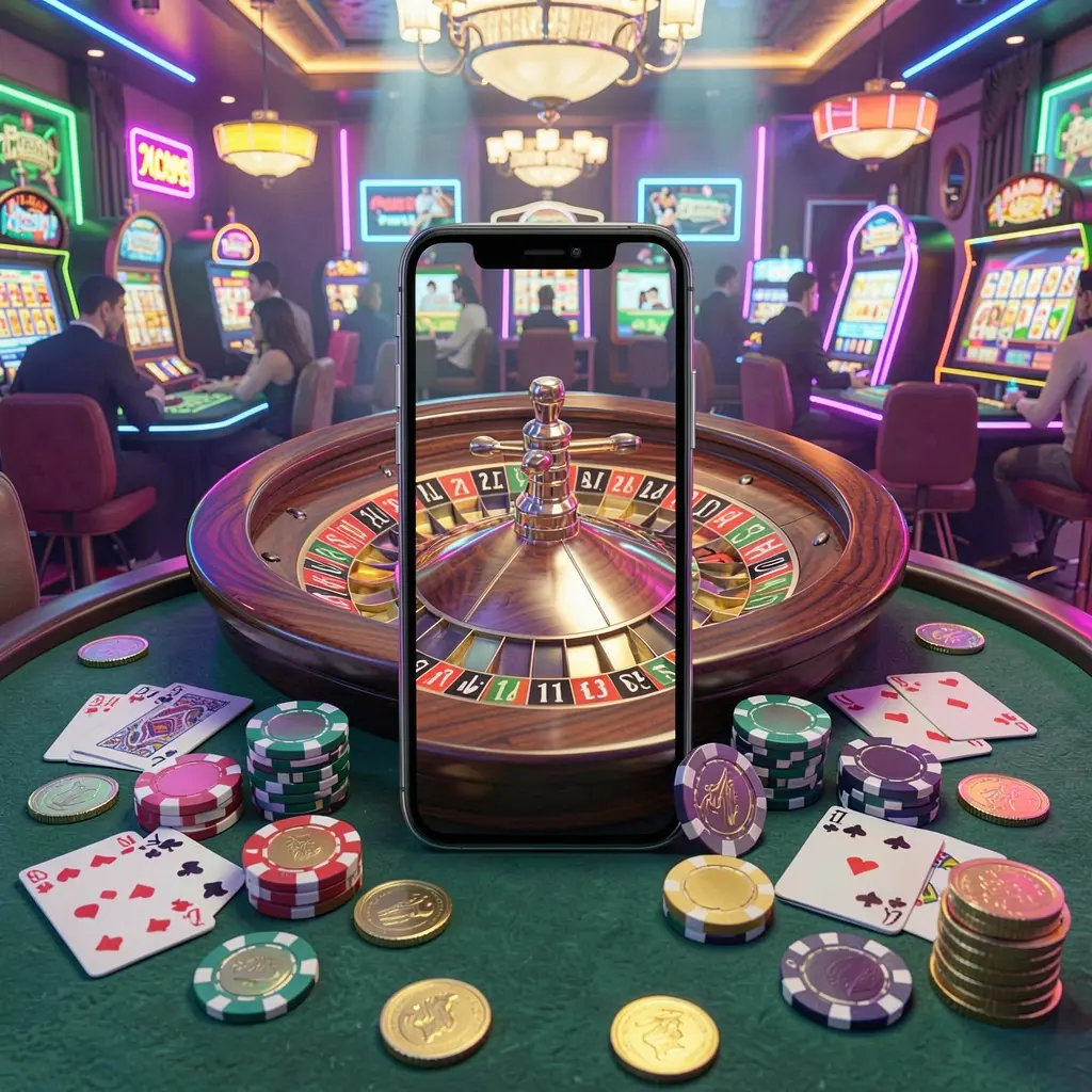 Experiência de cassino móvel BRA505 mostrando um smartphone cercado por uma roda de roleta, fichas, cartas e moedas em uma atmosfera de cassino neon brilhante