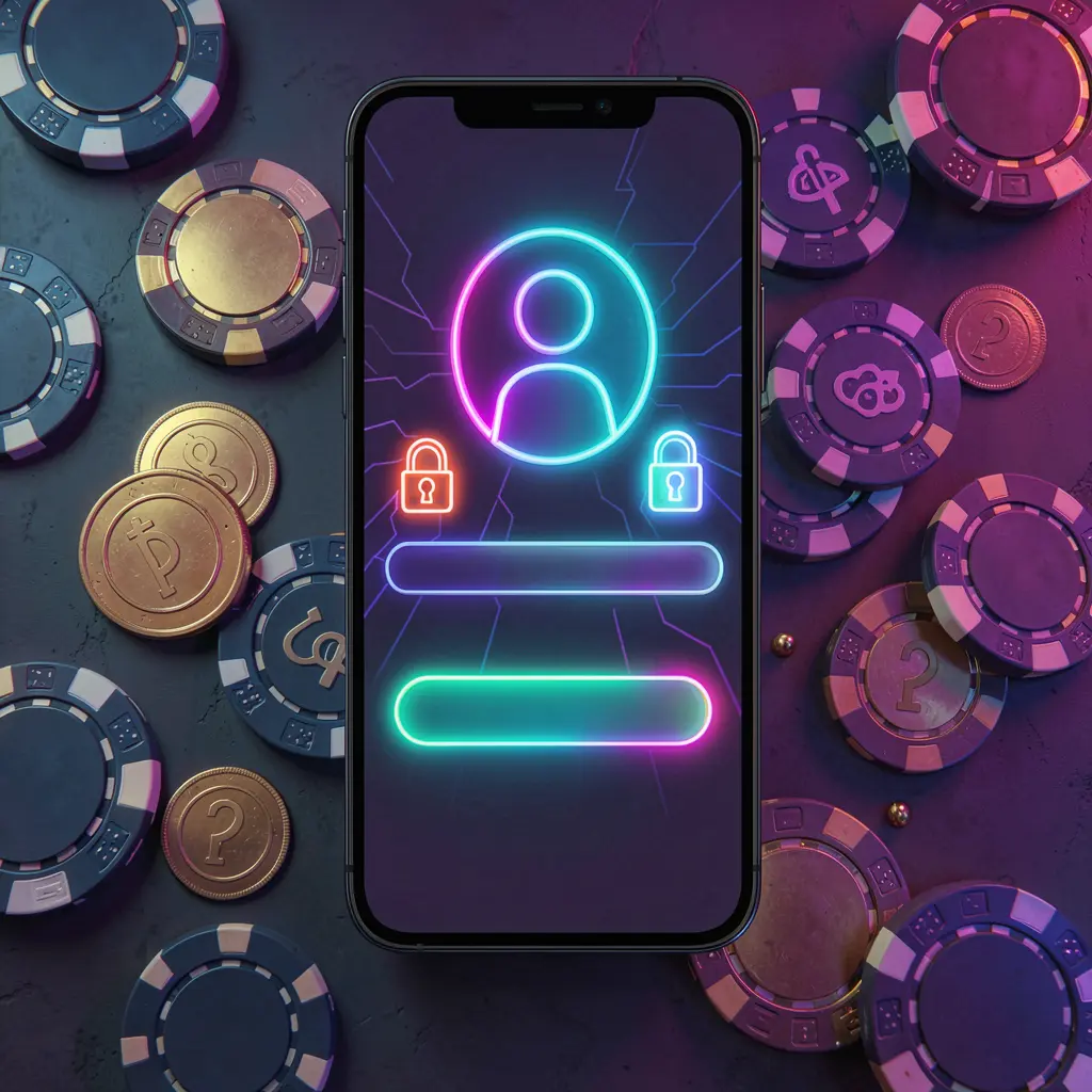 Conceito de página de login de jogos móveis BRA505 em smartphone com ícones abstratos de usuário e cadeado, cercado por fichas de cassino e moedas sob iluminação neon luxuosa