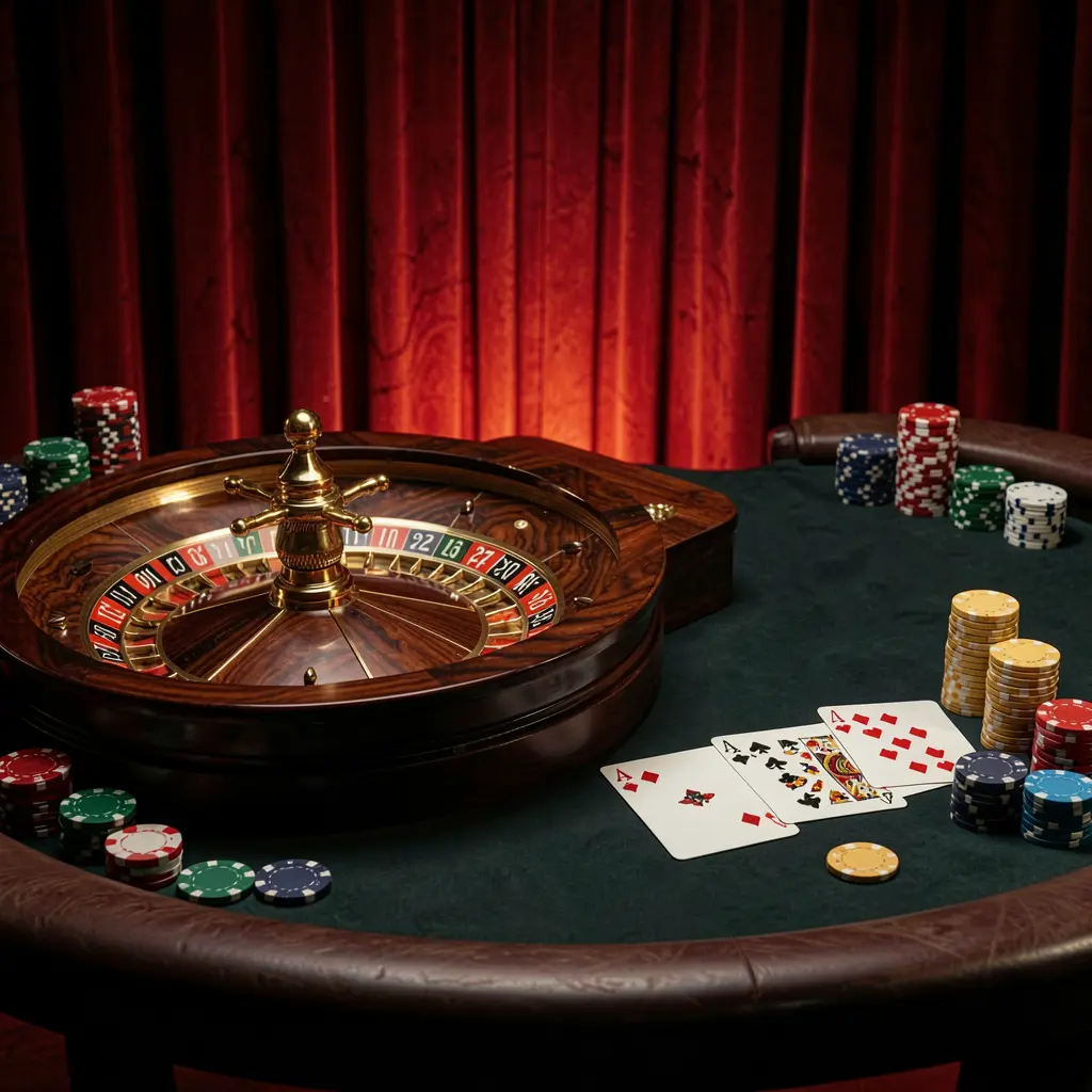 Elegante mesa de jogos de cassino online com roda de roleta, cartas de blackjack, fichas de pôquer e moedas, com iluminação cinematográfica luxuosa sobre fundo preto e vermelho, apresentando a plataforma BRA505 Elegante mesa de jogos de cassino online com roda de roleta, cartas de blackjack, fichas de pôquer e moedas, com iluminação cinematográfica luxuosa sobre fundo preto e vermelho, apresentando a plataforma BRA505